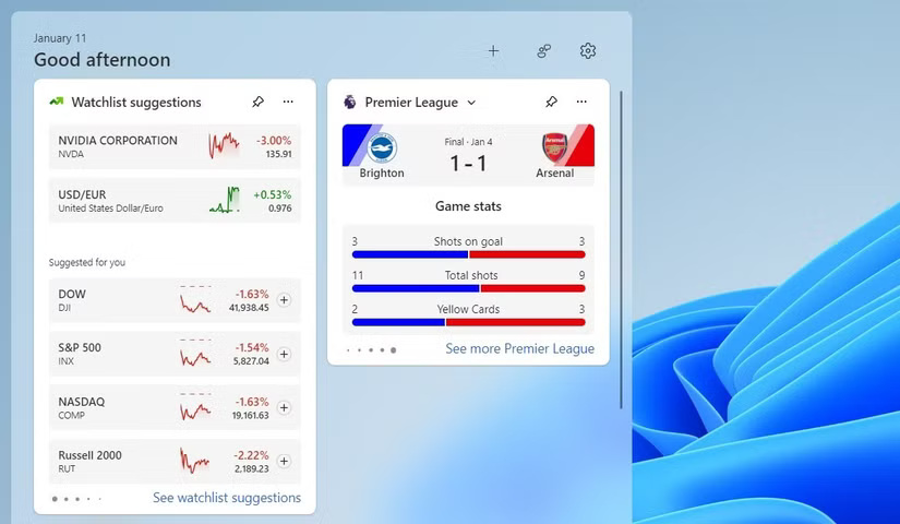 Tỷ số trận đấu bóng đá trong bảng widget Windows 11