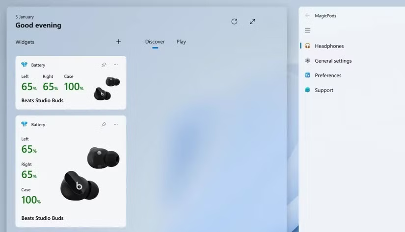 Bảng widget Windows 11 hiển thị mức pin của tai nghe Bluetooth