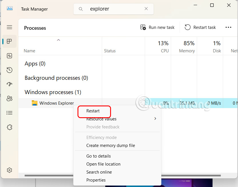 Khởi động lại Windows Explorer Windows 11