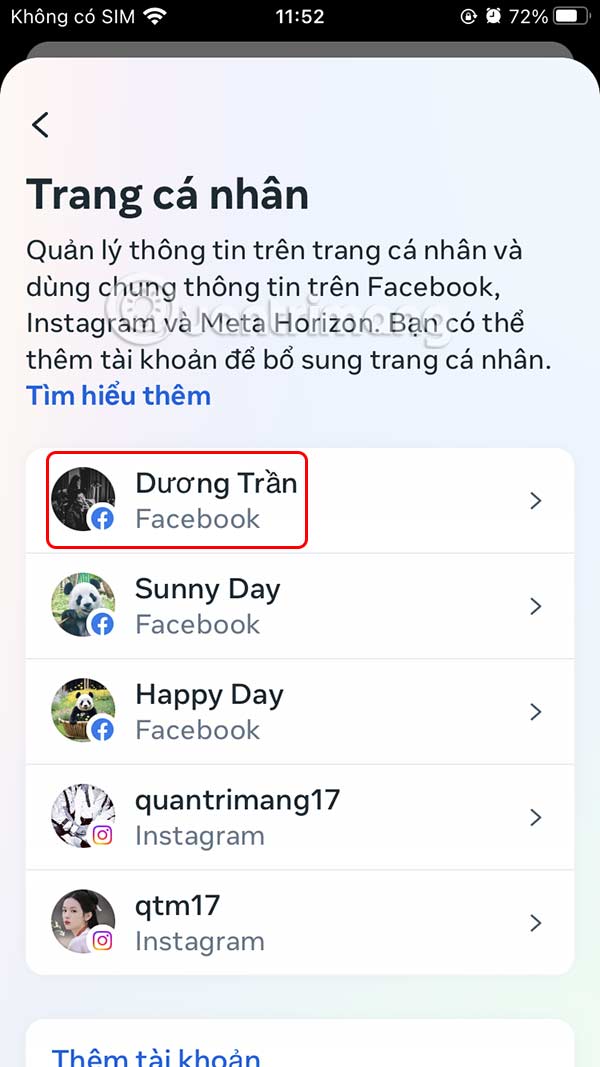 Select Facebook account