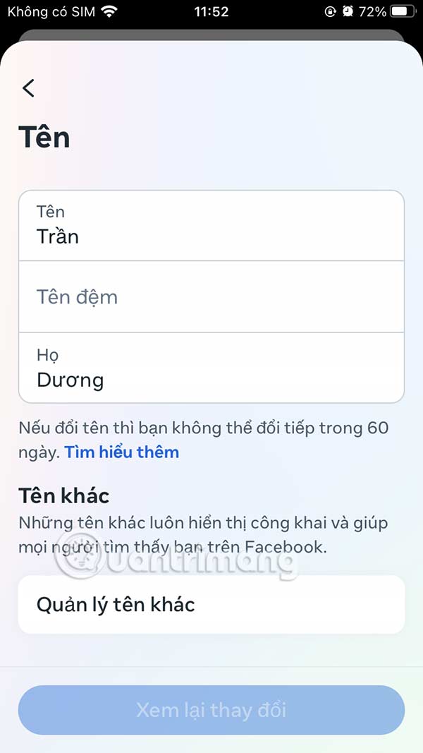 Nhập tên Facebook mới