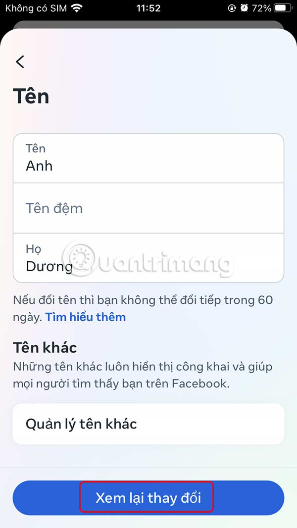 Đổi tên Facebook mới