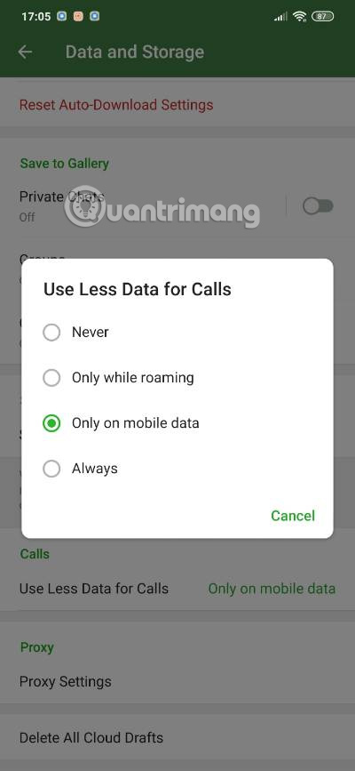 Telgram call data saving mode