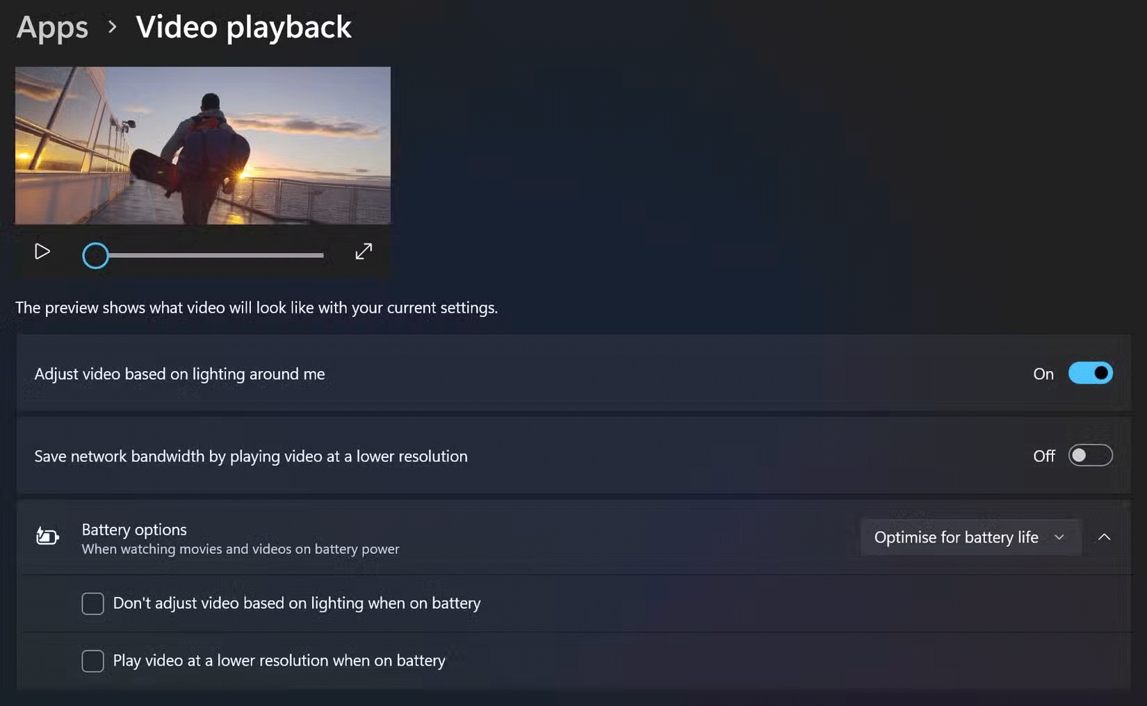 Video playback settings on Windows 11