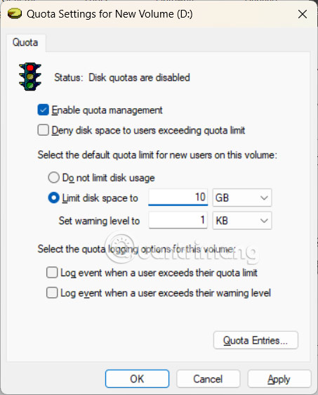 Turn on the limit of Windows storage 