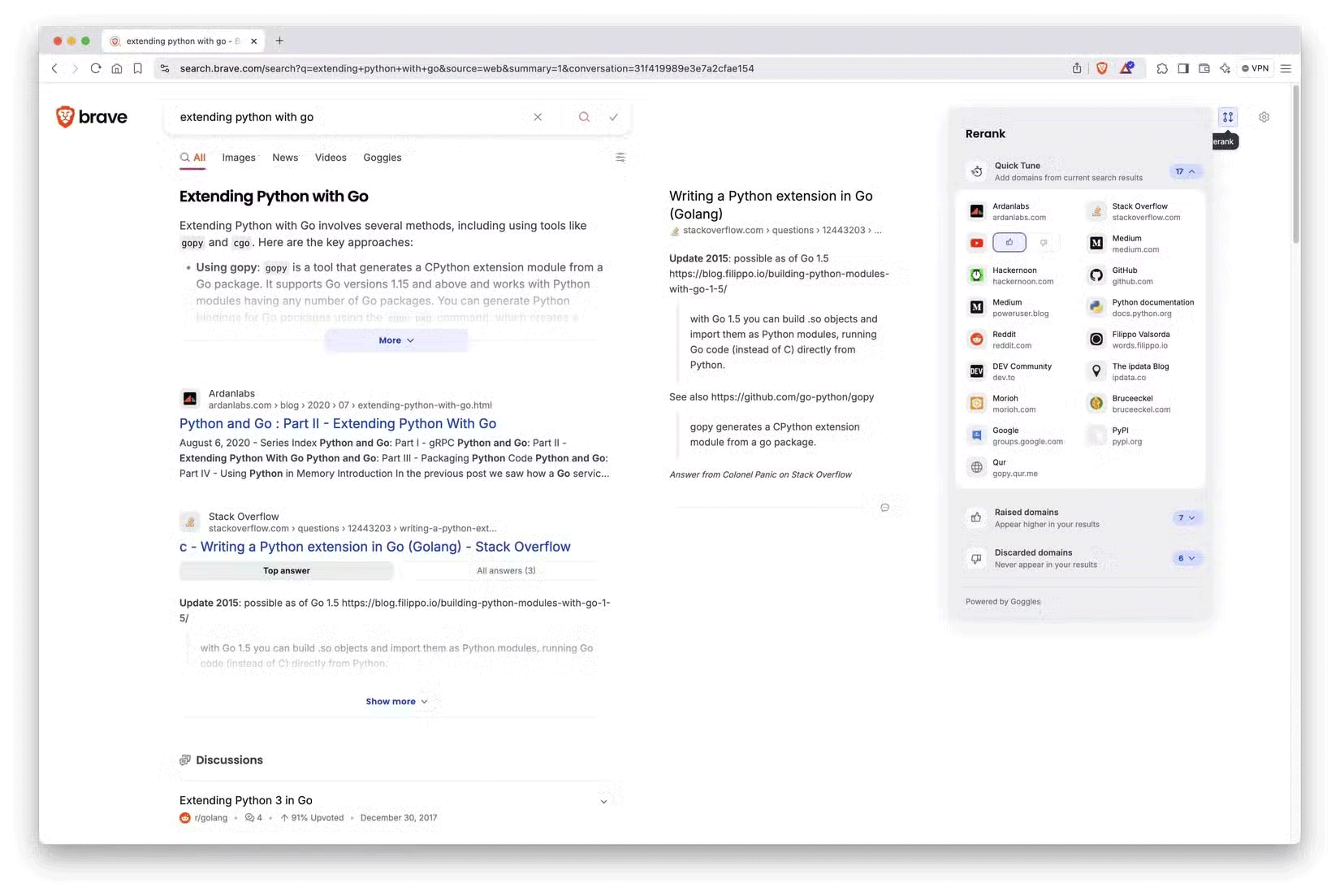 Một ví dụ về tính năng Xếp hạng lại của Brave Search