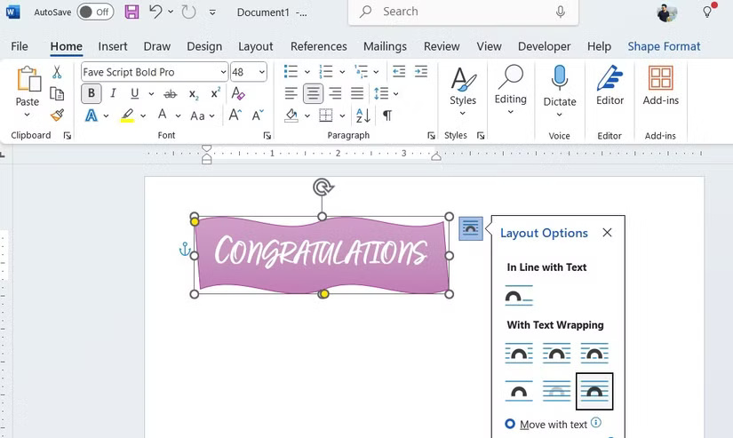 Word documents display congratulatory text with layout options