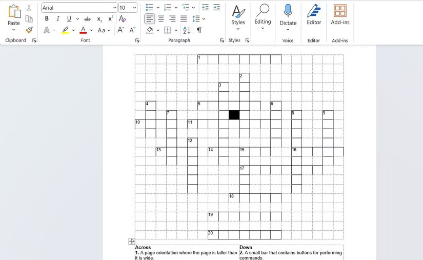 Word document displays the letter game