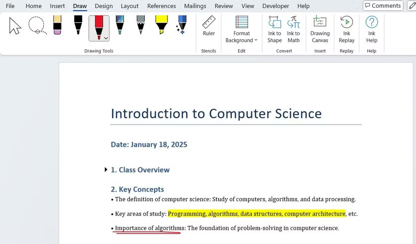 Notes on computer science classes in Word documents