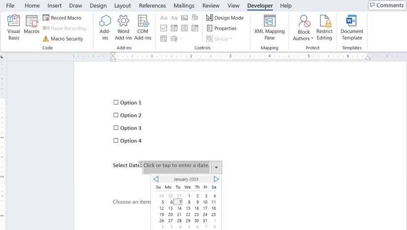 Word documents with the Developer tab selected and the date selection