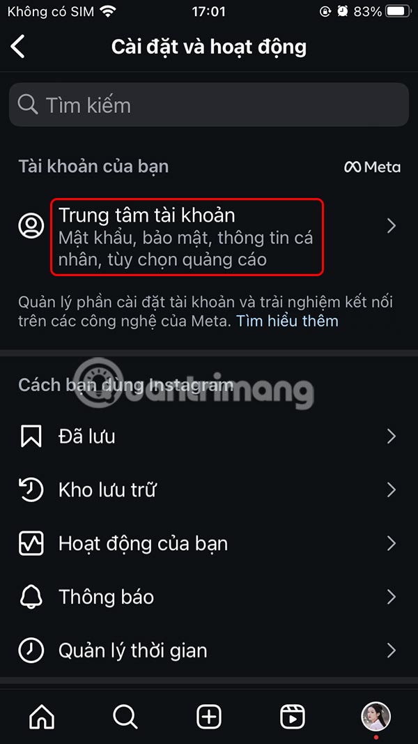 Trung tâm tài khoản Instagram