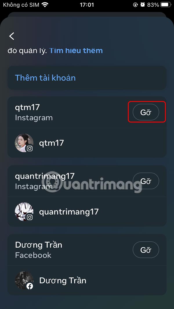 Gỡ ứng dụng liên kết Instagram