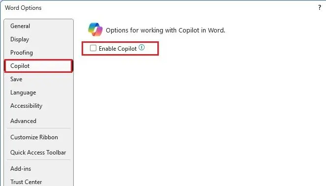 Copilot off in word
