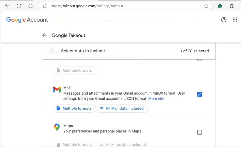 Google Takeout page with the selected Gmail option