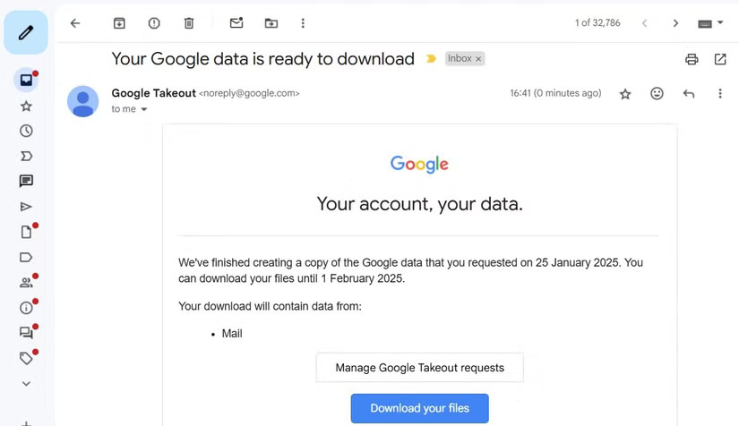 Email Google Takeout in Gmail displays the data download option