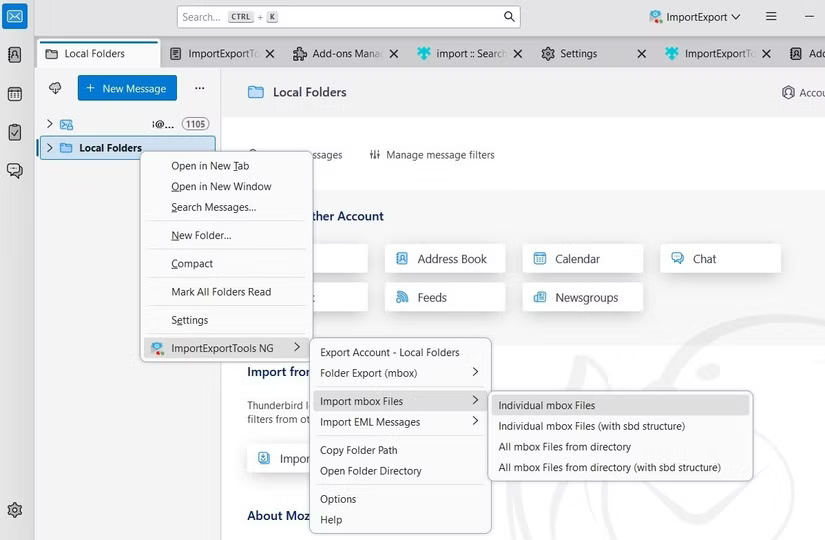 Thunderbird application displays the option to enter the Mbox file