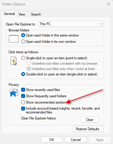 Delete recommended from the file Explorer Windows 11