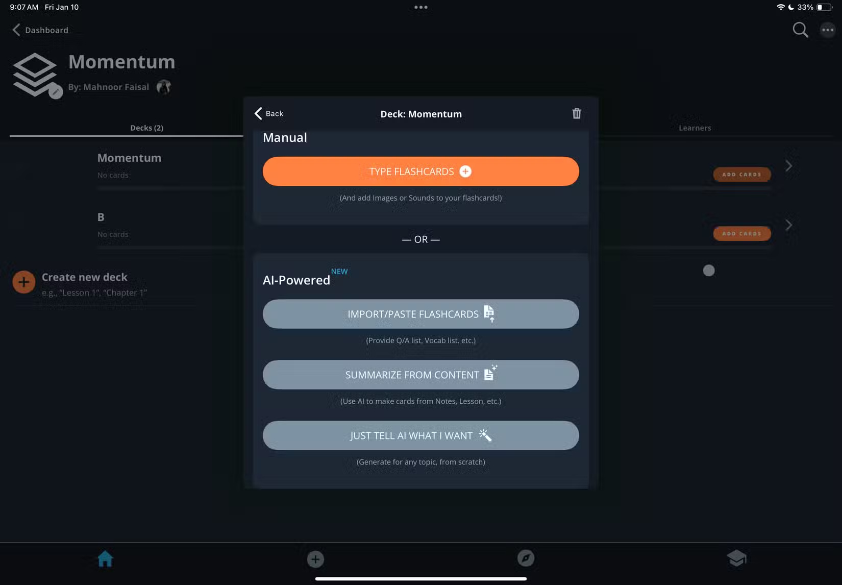 Brainscape's AI flashcard options