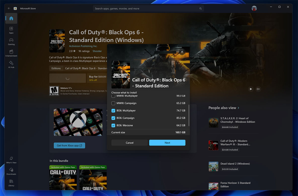 Ví dụ về các thành phần trò chơi có thể được cài đặt riêng lẻ trong Microsoft Store cho một số trò chơi.