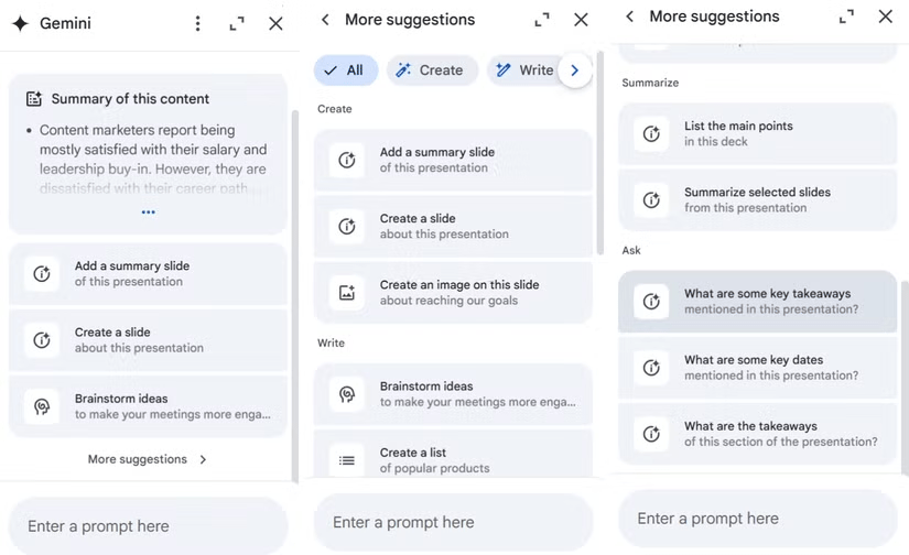 The graft includes three mesh showing prompt suggestions in Gemini Ai for Google Slides