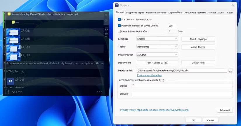 Ditto Clipboard with Options menu displays custom options