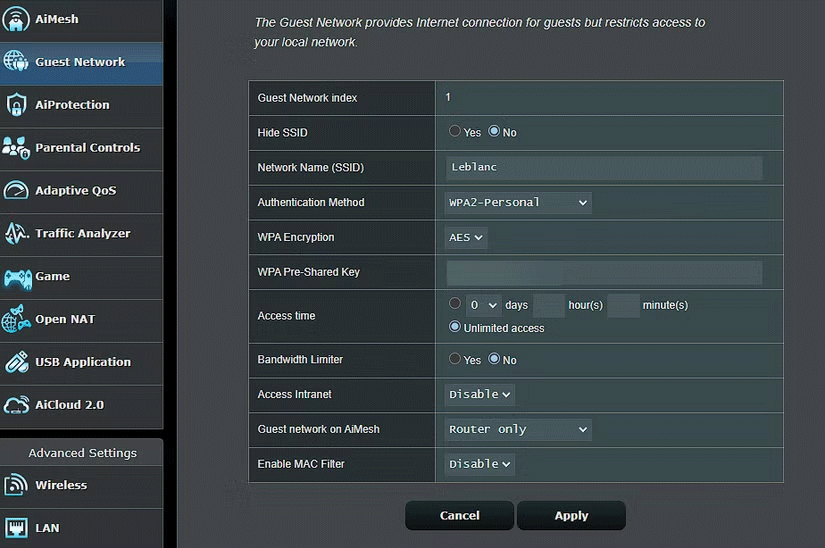 The passenger network option of the Asus router