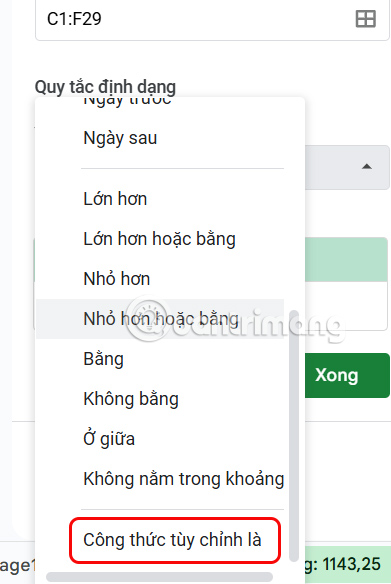 Định dạng Google Sheets có điều kiện theo công thức