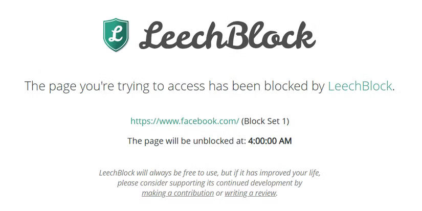 Leechblock blocking screen in Google Chrome.