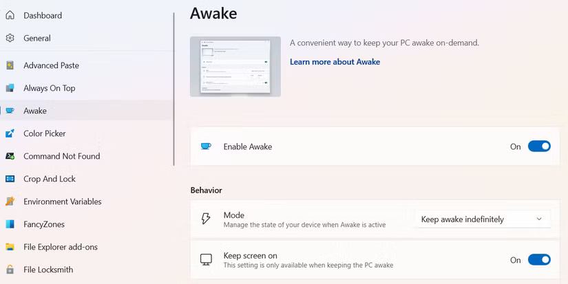 Turn on the Awake utility in PowerToys on Windows