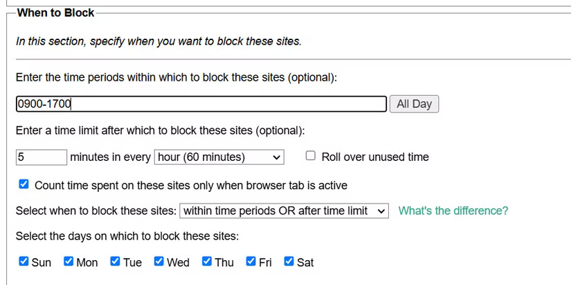 Part "When to block" of Leechblock Chrome extension.