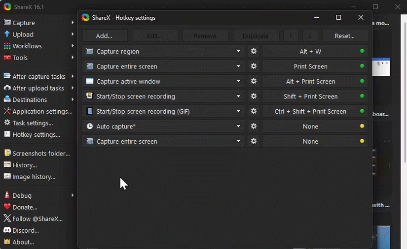 Sharex hot key installation screen on Windows 11