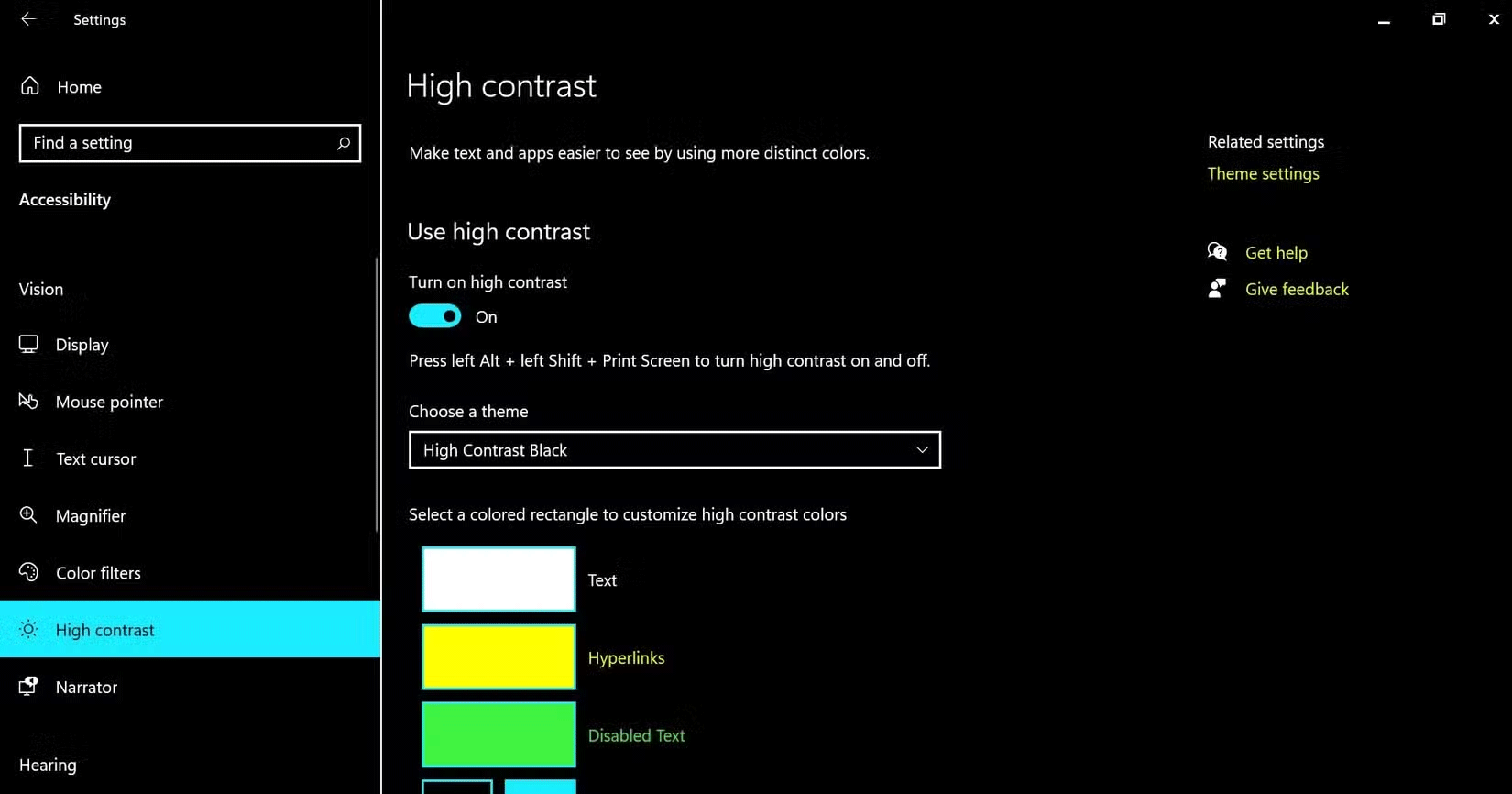 High Contrast feature in Windows Settings application