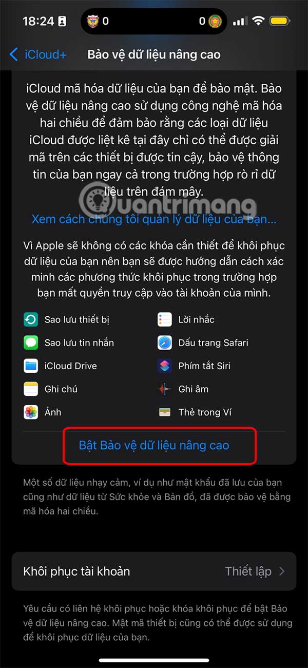 Bật mã hóa đầu cuối bản sao lưu iCloud