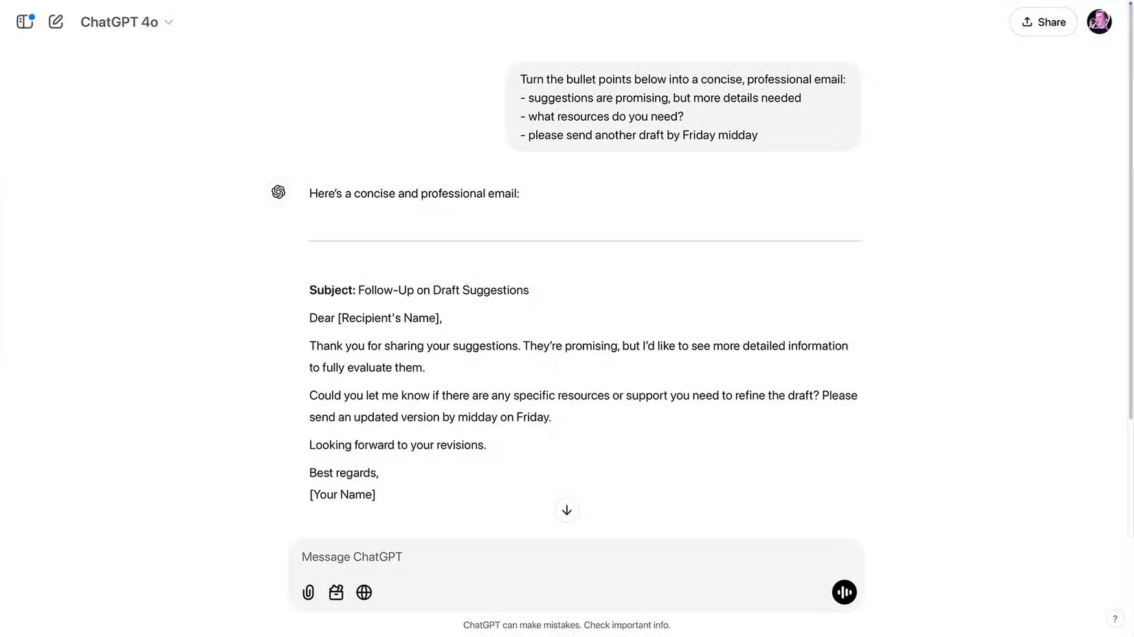 Ví dụ về email ChatGPT sử dụng dấu đầu dòng cho tin nhắn.