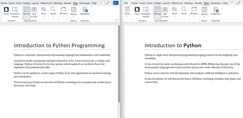 Hai tài liệu MS Word trên Python ở Side-by-Side View