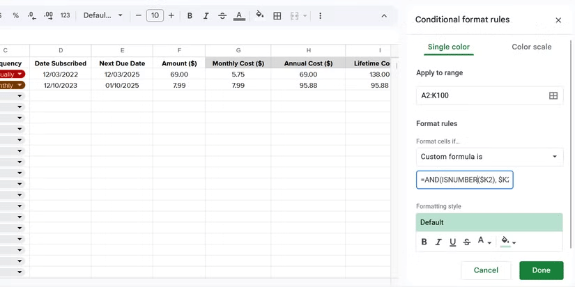Định dạng có điều kiện trong trình theo dõi đăng ký Google Sheets