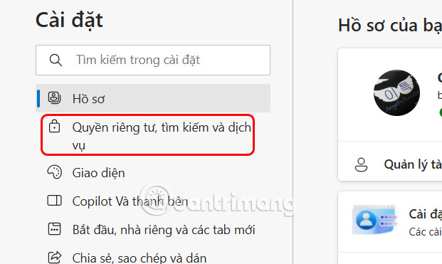 Quyền riêng tư, tìm kiếm và lịch sử trên Edge