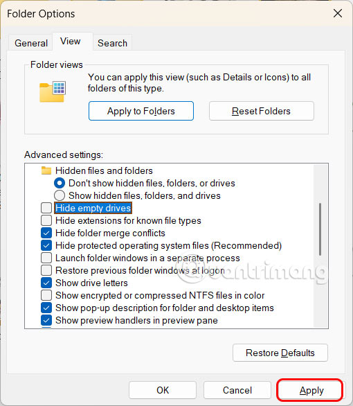 Ẩn hiện ổ cứng trống trên File Explorer