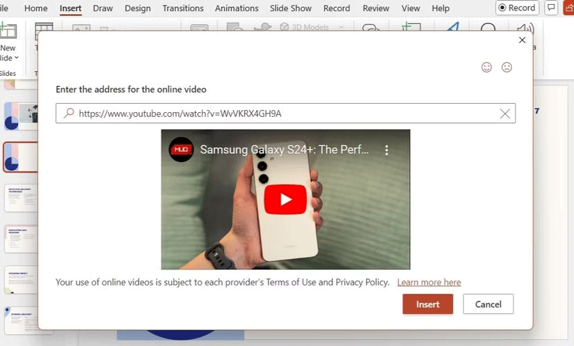 Hộp thoại Insert trong PowerPoint hiển thị video YouTube có URL