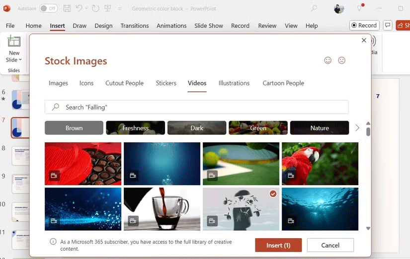 Hộp thoại Stock Images hiển thị video có nút Insert trong PowerPoint