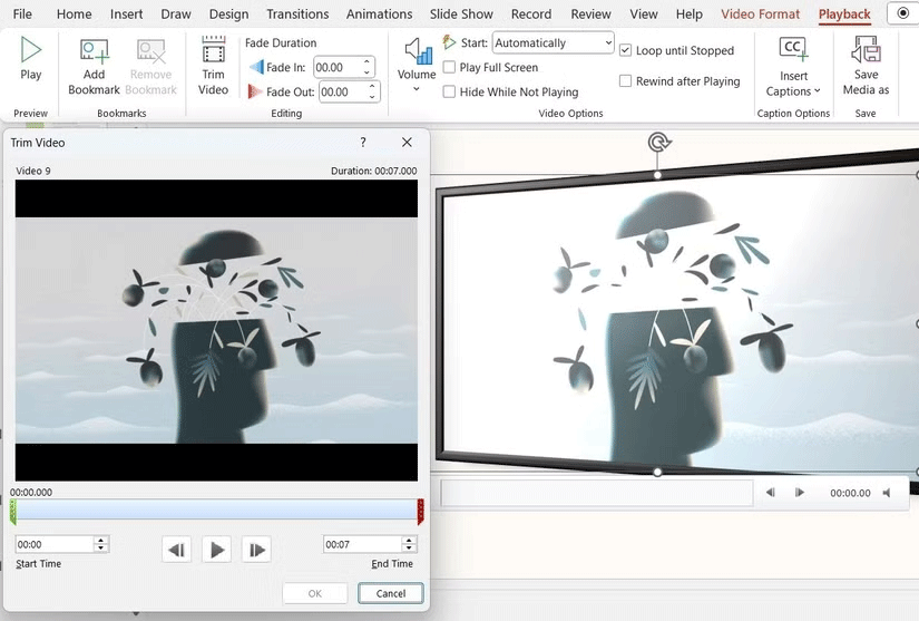 Cửa sổ Trim Video trong bài thuyết trình PowerPoint