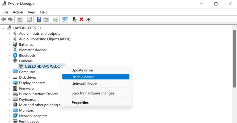 Tắt Webcam bằng Device Manager