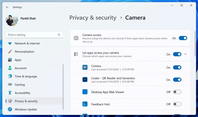 Quyền camera cho các ứng dụng trong menu Settings Windows 11
