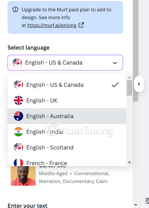 Ngôn ngữ văn bản cho Murf AI Canva