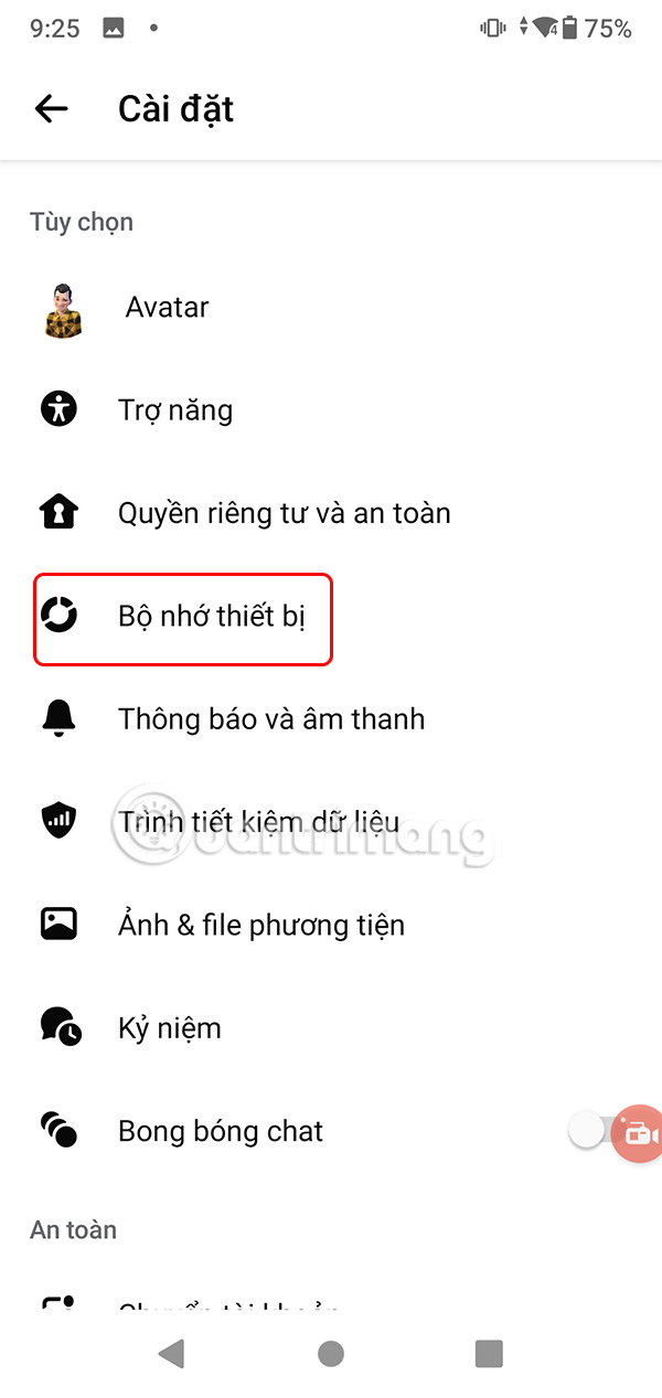 Bộ nhớ thiết bị trên Messenger