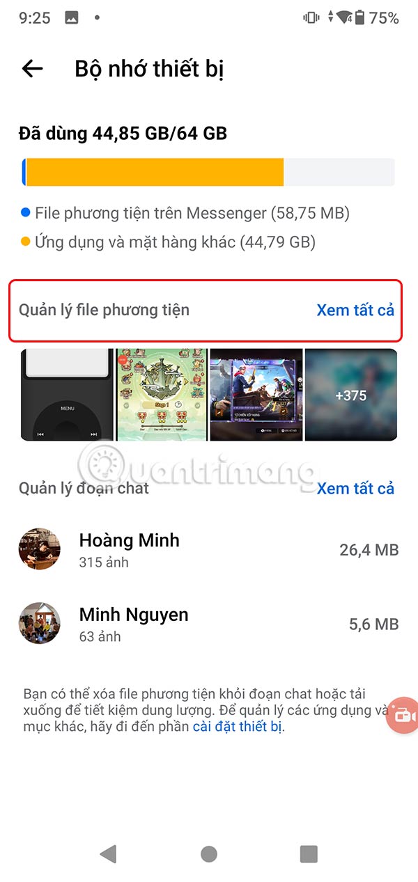 Quản lý dung lượng trên Messenger