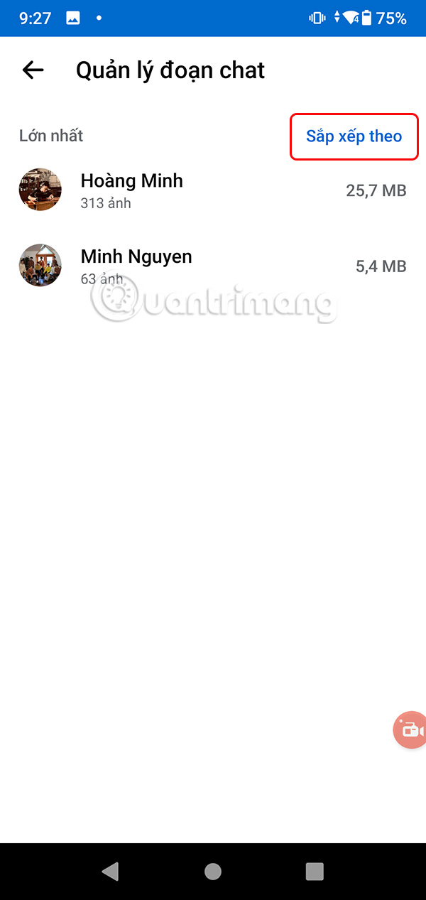 Sắp xếp dung lượng đoạn chat