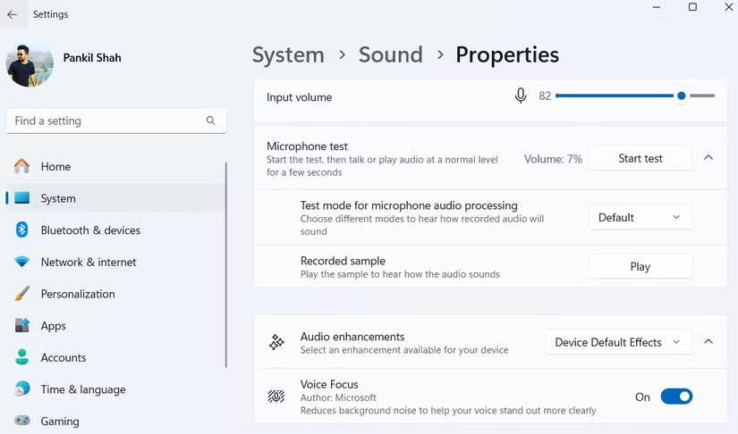 Tùy chọn kiểm tra micro trong ứng dụng Settings Windows 11