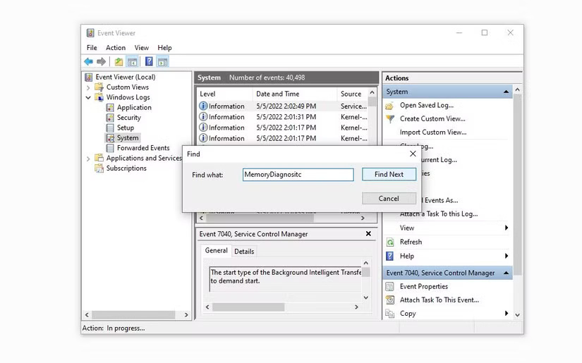 Kiểm tra kết quả của MemoryDiagnosticTest trong Event Viewer Windows 10