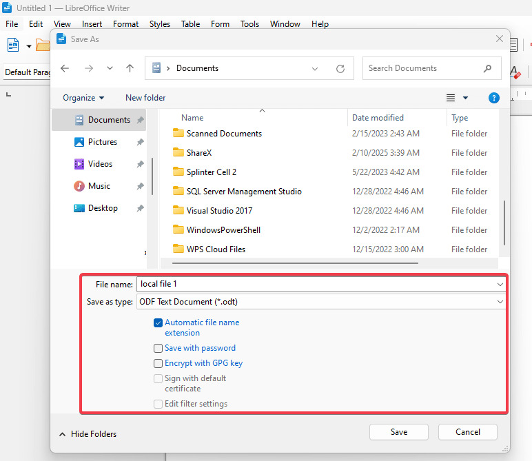 Lưu file cục bộ trên LibreOffice